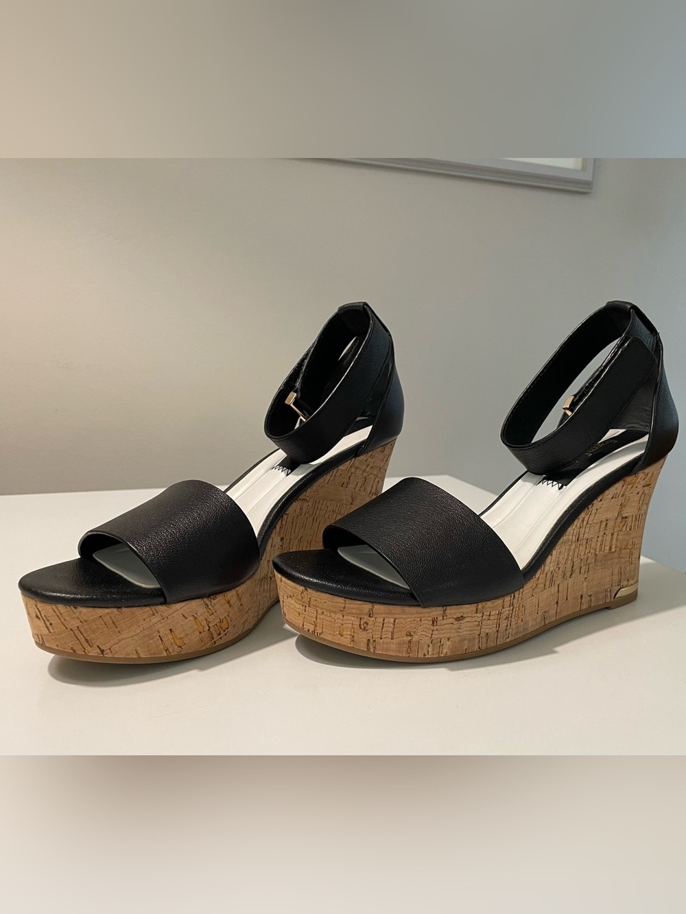 Franco Sarto Black Leather Cork Platform Wedge Sandals, size 6.5